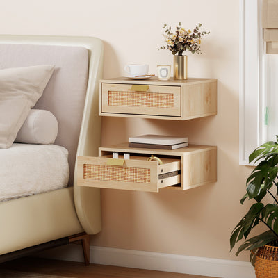 Floating Bedside Tables Set of 2 for Clutter Free Bedroom with Rattan Drawer Oak AOSOM