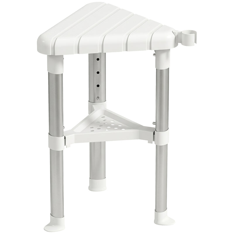 Corner Shower Stool with Adjustable Height and Storage Shelf for Compact Bathrooms White