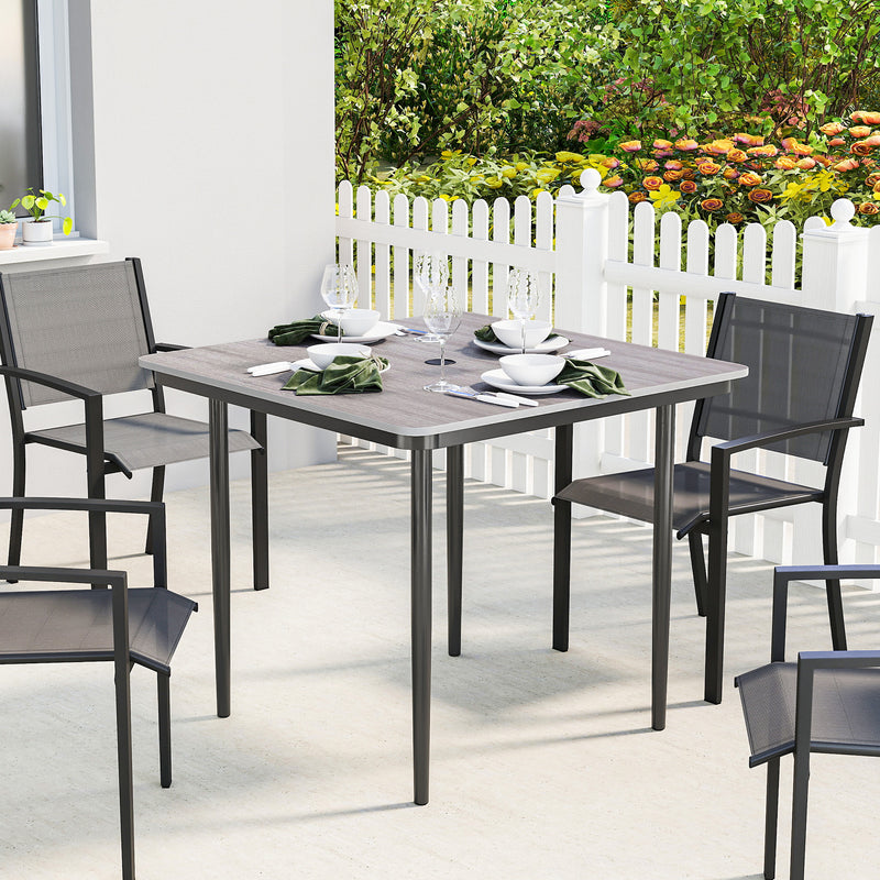 Garden Dining Table for 4 with Parasol Hole Weather Resistant Wood Effect Top Light Grey