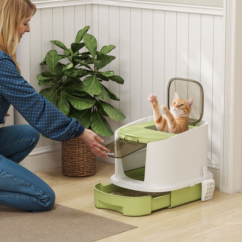 Covered Cat Litter Box with Scoop and Deodoriser for Odour Control and Easy Cleaning Green