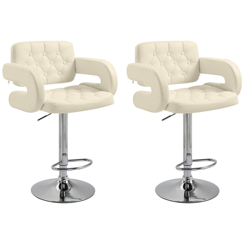 Set of 2 Adjustable Swivel Bar Stools with Backrest and Armrests for Kitchen White
