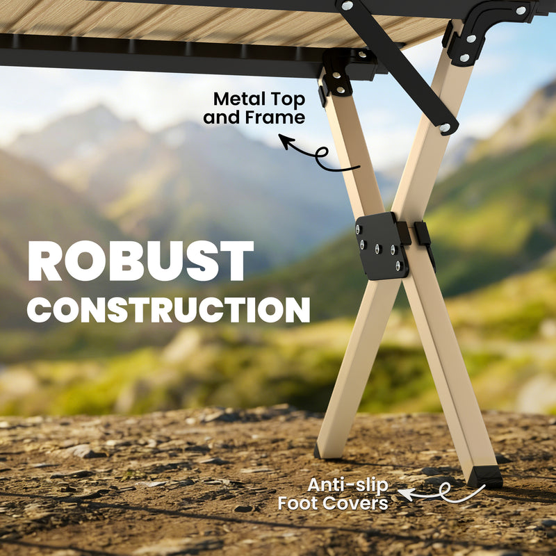 Folding Camping Table with Roll Up Top for Stable Outdoor Meals Dark Brown