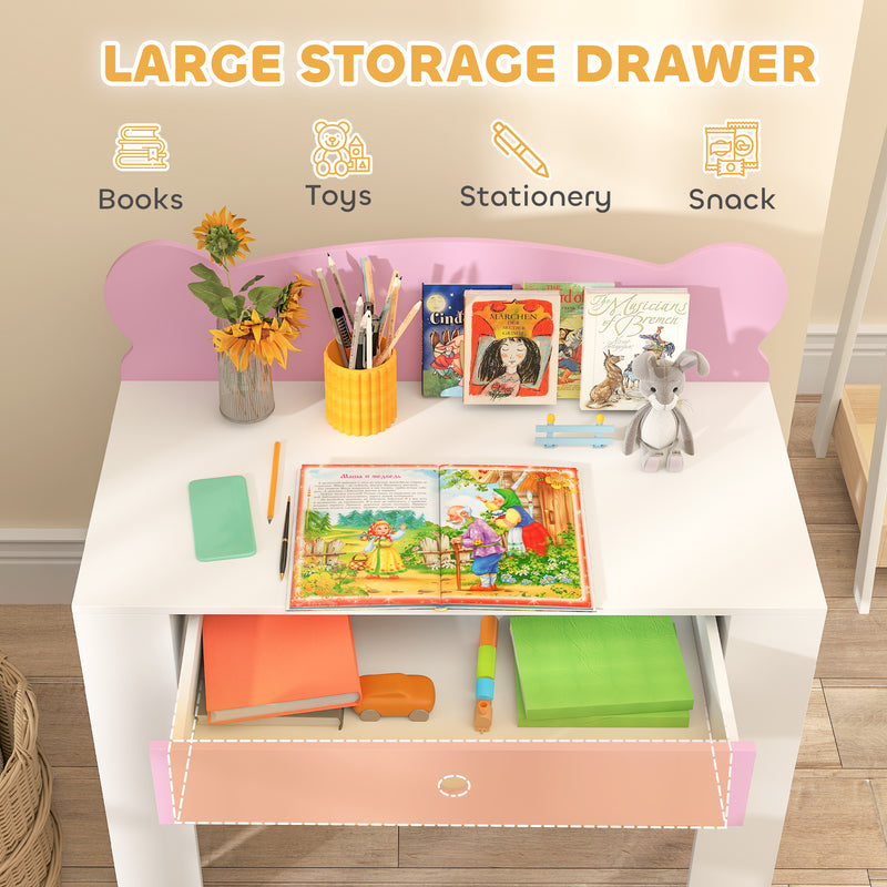 Kids Desk and Chair Set with Storage Drawer for Study and Play Pink White AOSOM