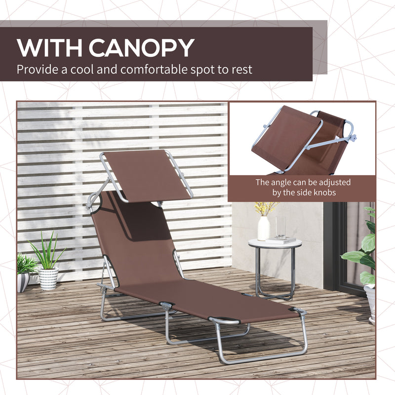 Brown 2 Piece Folding Sun Lounger Set with Adjustable Backrest and Sun Shade for Garden