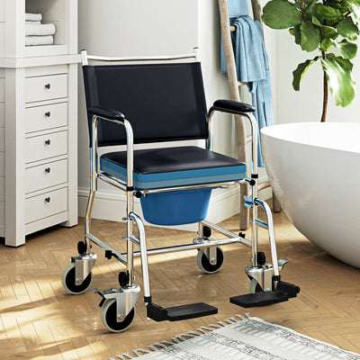 Rolling Shower Commode Chair with Wheels Padded Seat and Backrest for Seniors and Disabled by HOMCOM AOSOM