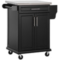 Black Wooden Kitchen Island Trolley With Stainless Steel Top And Storage Drawer On Wheels