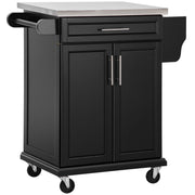 Black Wooden Kitchen Island Trolley With Stainless Steel Top And Storage Drawer On Wheels