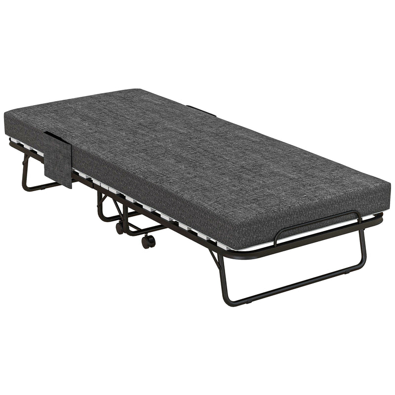 Single Folding Bed with Steel Frame and Wheels Black and Grey by HOMCOM