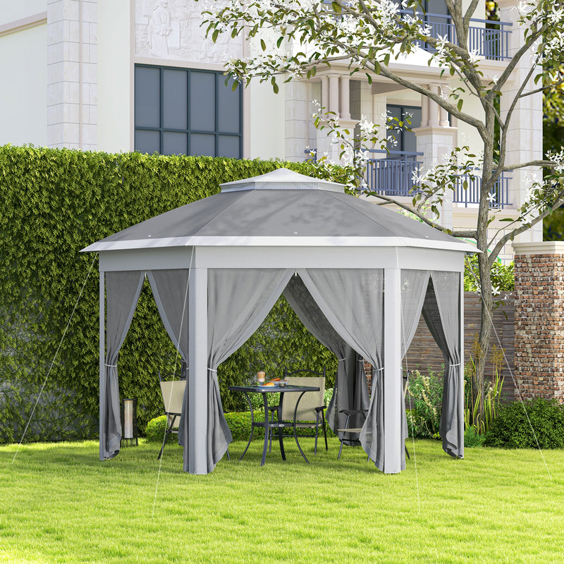 Dark Grey 3 x 4m Hexagon Pop Up Gazebo with Double Roof and Netting by Outsunny