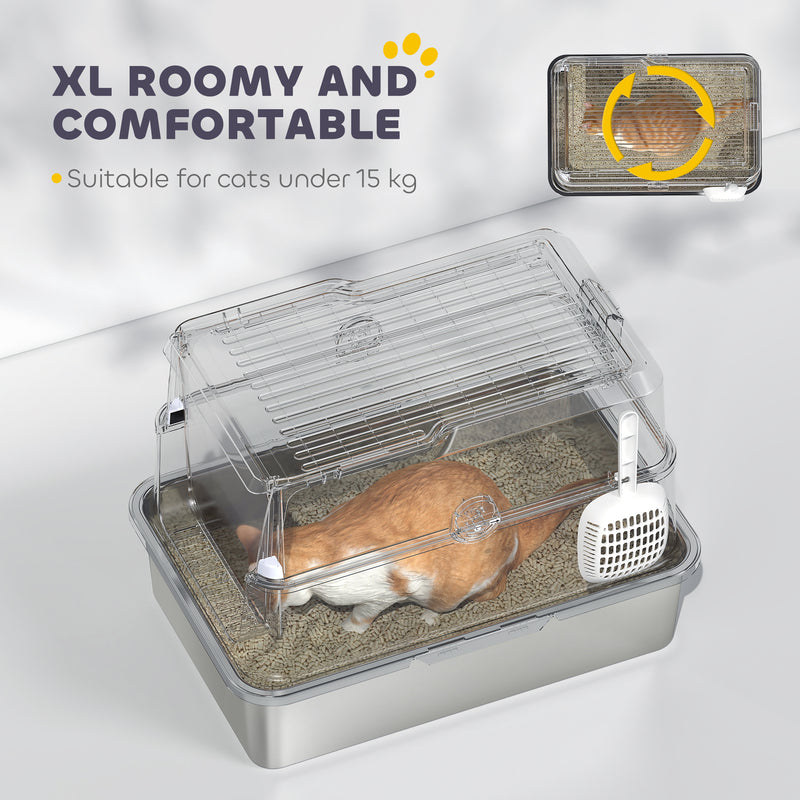 Extra Large Stainless Steel Cat Litter Tray With Scoop And Flip Top Lid For Easy Cleaning, Silver