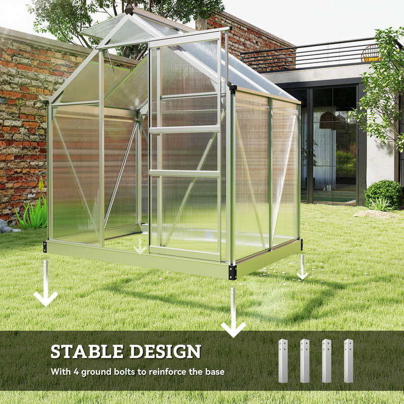 Walk In Polycarbonate Greenhouse With Aluminium Frame And Sliding Door 6x4ft Silver AOSOM