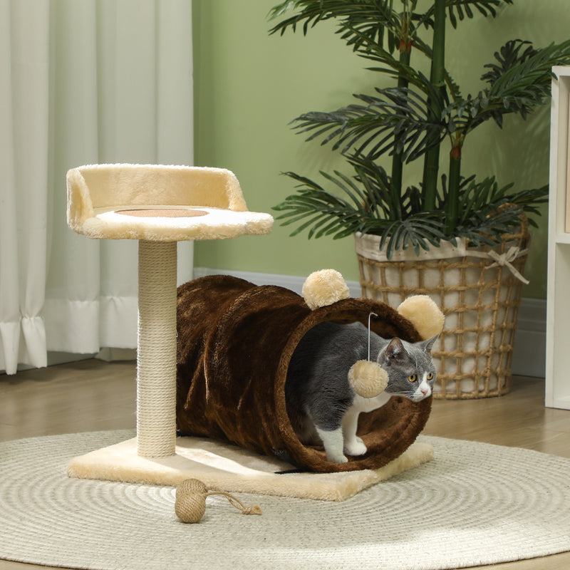 Small Cat Tree with Scratching Post Bed Tunnel and Toy Ball Dark Brown by PawHut