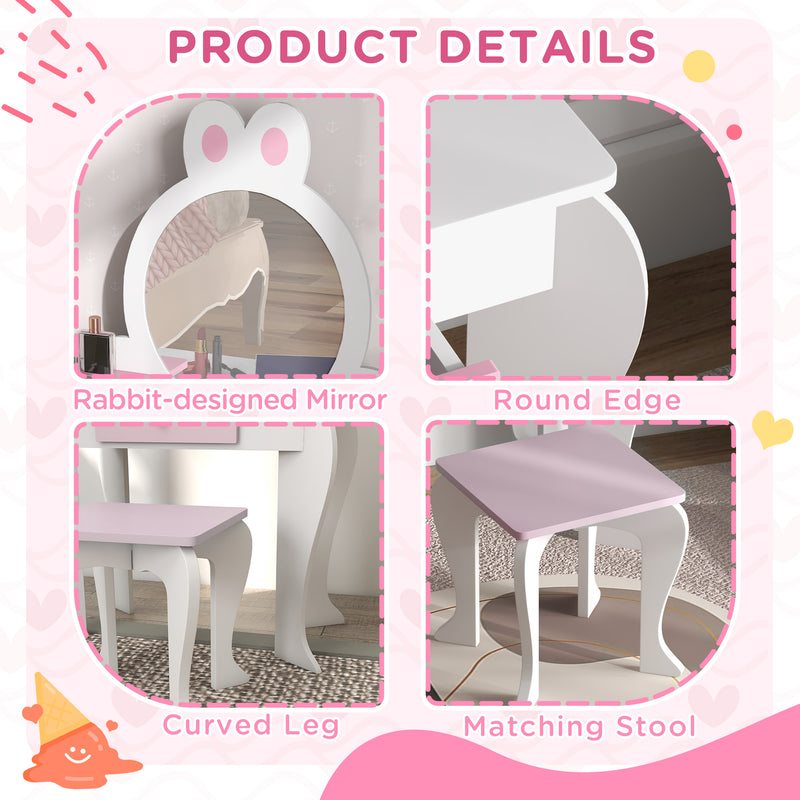 Wooden Kids Bedroom Furniture Set with Bed and Dressing Table for Ages 3 to 6 Years, Pink Bunny Design