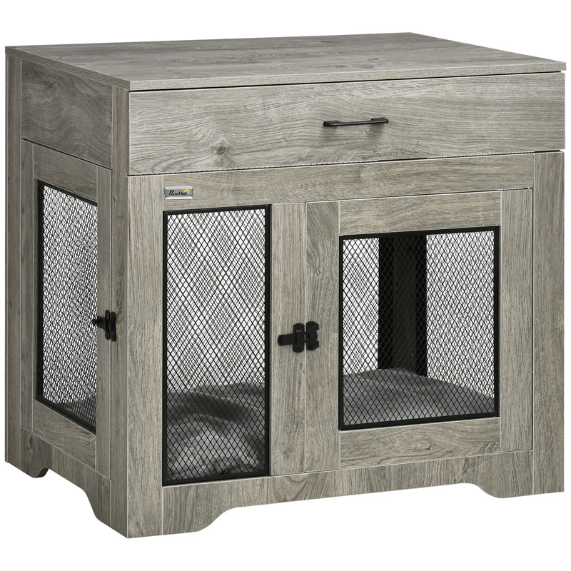 Dog Crate End Table with Two Doors and Storage Drawer for Medium Dogs Grey