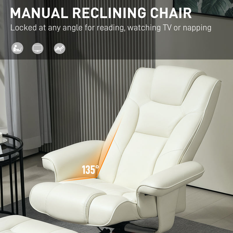 Reclining Chair and Footstool Set for Relaxing at Home with Padded Faux Leather Cream White