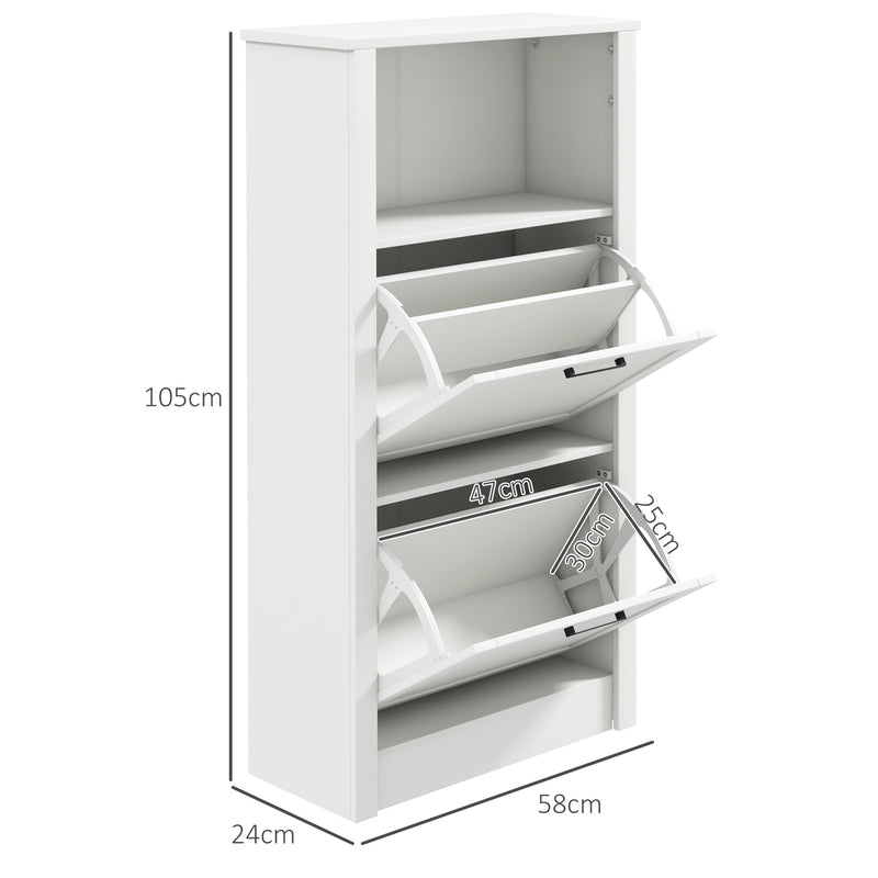 White Narrow Shoe Cabinet with Flip Drawers and Adjustable Shelves for Hallway Storage