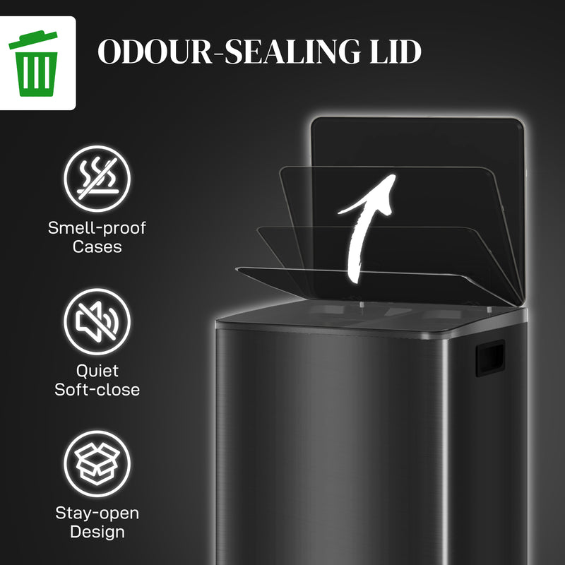 60L Dual Compartment Kitchen Recycling Bin with Deodoriser Holders Stainless Steel, Black