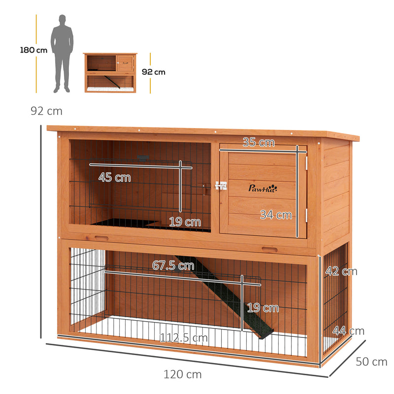 Two Tier Wooden Rabbit Hutch with Run for Guinea Pigs or Small Pets 92cm Orange