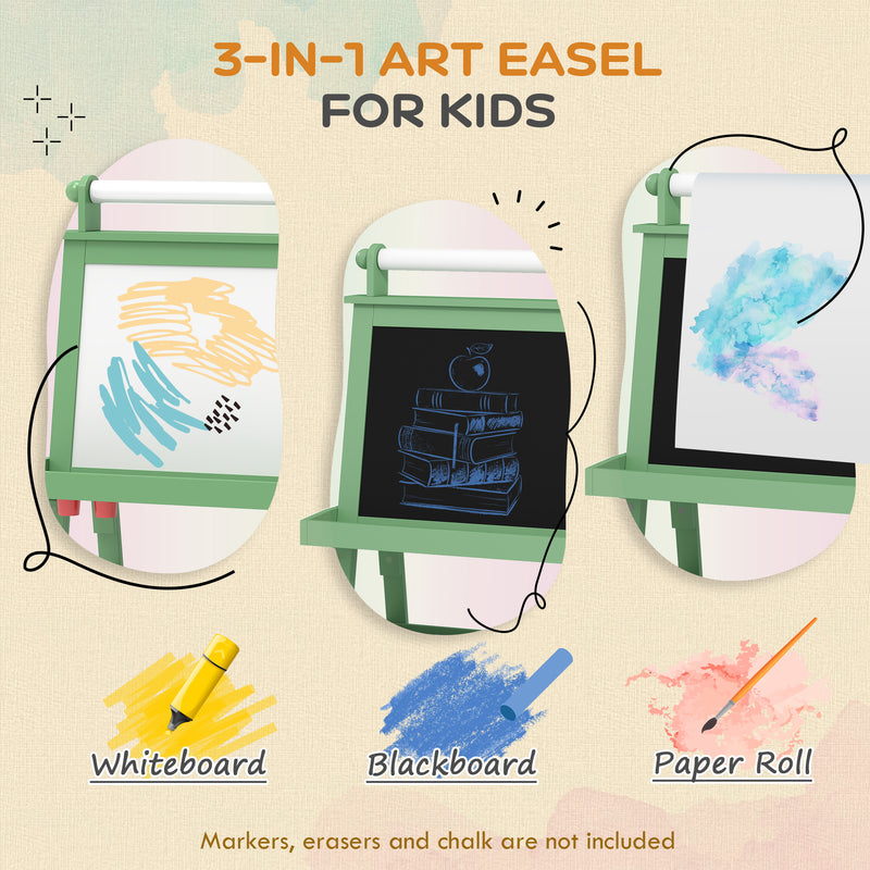 3 in 1 Kids Easel with Magnetic Whiteboard Chalkboard Paper Roll and Storage Baskets, Green