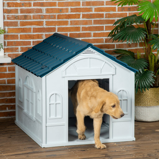 Large Weatherproof Plastic Dog House for Indoor and Outdoor Use for Large Dogs White Blue
