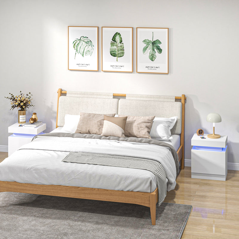 Set of 2 Bedside Tables with LED Lights and 4 Drawers Modern Storage Units White