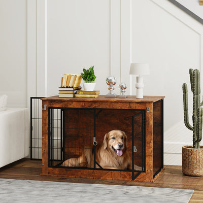 Rustic Brown Dog Crate Furniture with Flip Up Top and Two Doors for Large Dogs by PawHut