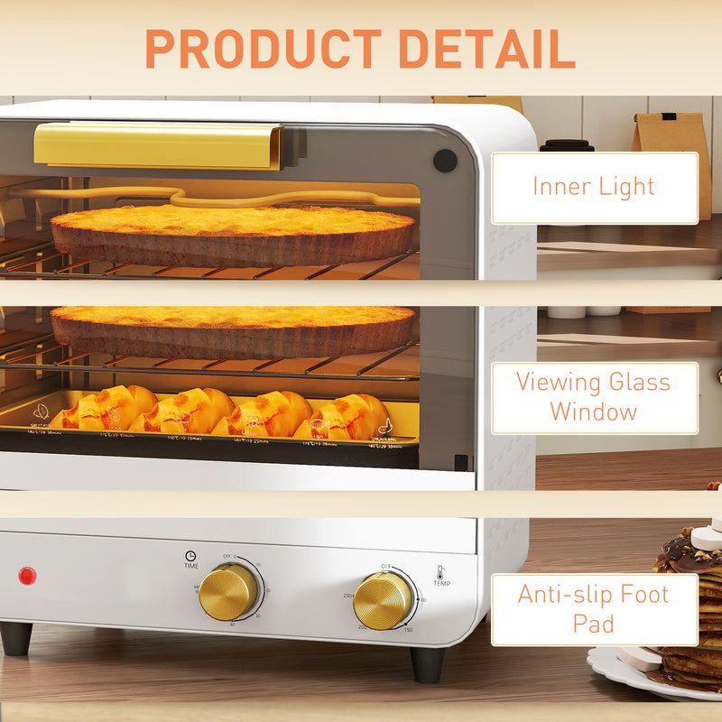 White 12L Mini Toaster Oven With Adjustable Timer and Glass Door For Small Kitchens