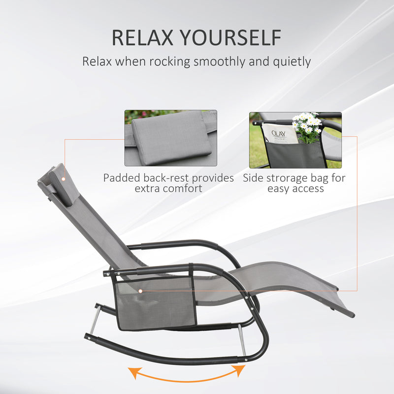 2 Piece Outdoor Rocking Chair Set with Headrest and Side Storage for Garden Grey AOSOM