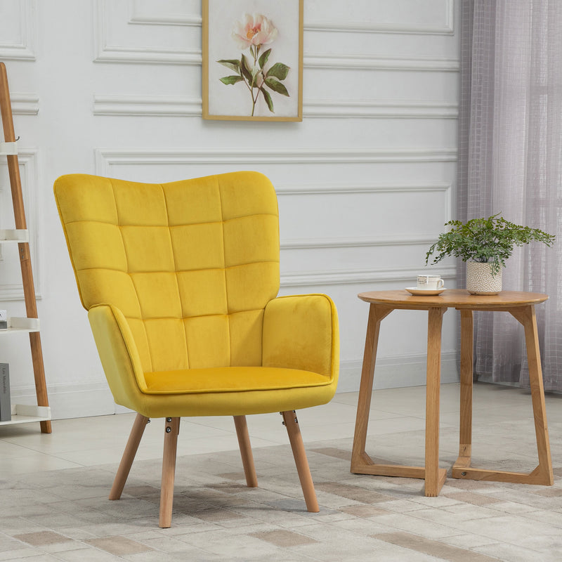 Yellow Velvet Wingback Accent Chair with Tufted Upholstery for Lounge or Bedroom Comfort