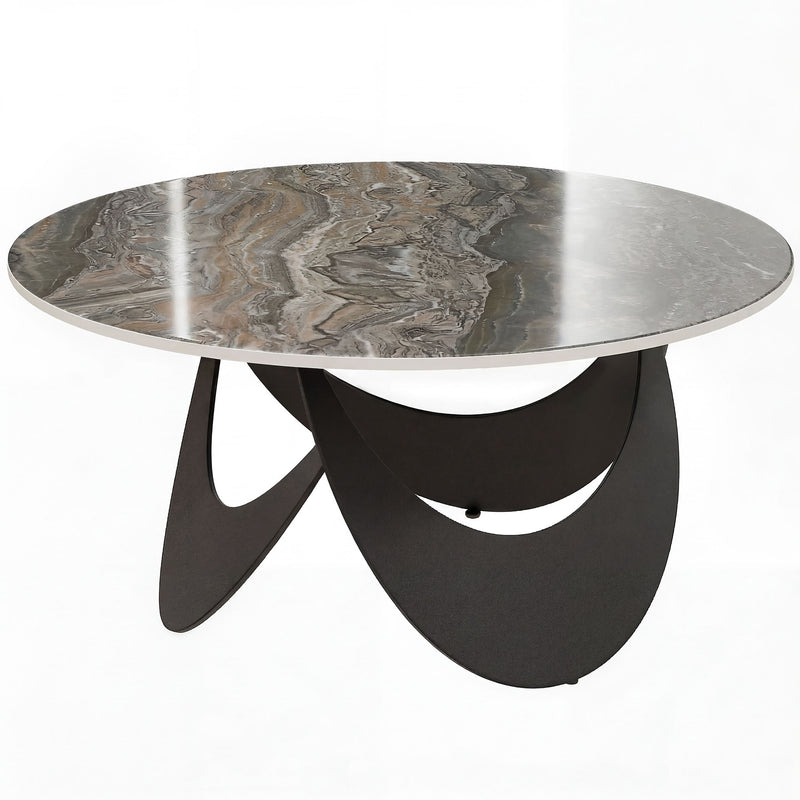 Round Coffee Table with Heat Resistant Sintered Stone Marble Effect Easy Clean Top for Living Room Brown & Black
