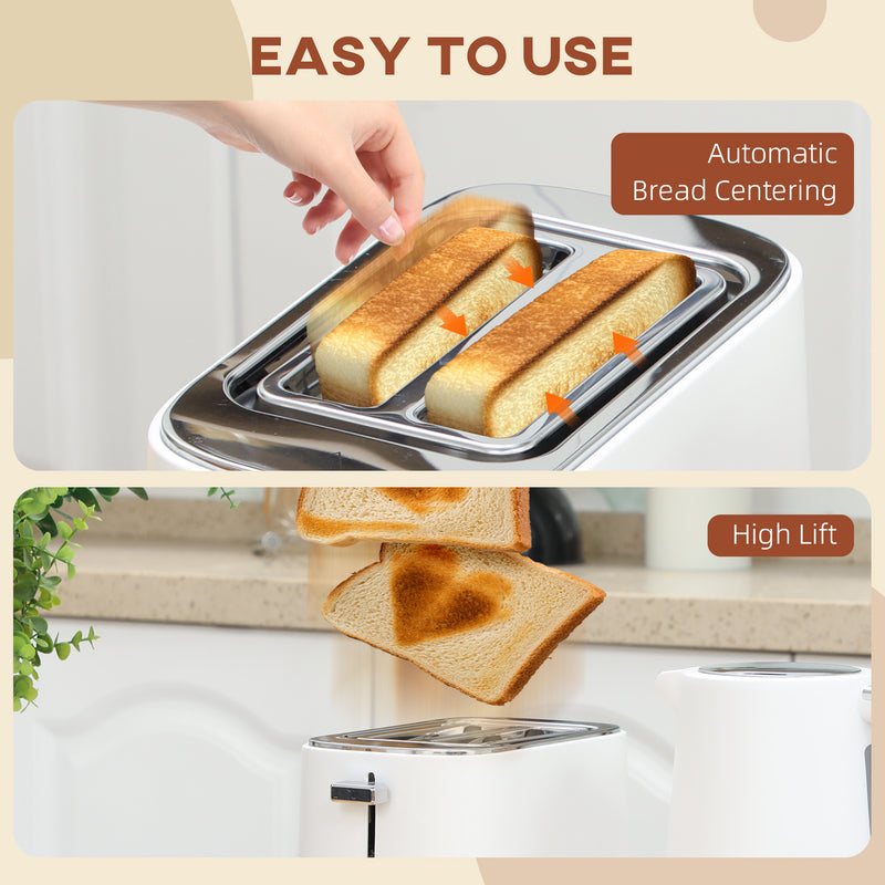 White 1.7L Fast Boil Cordless Kettle and 2 Slice Toaster Set With 6 Browning Levels by HOMCOM