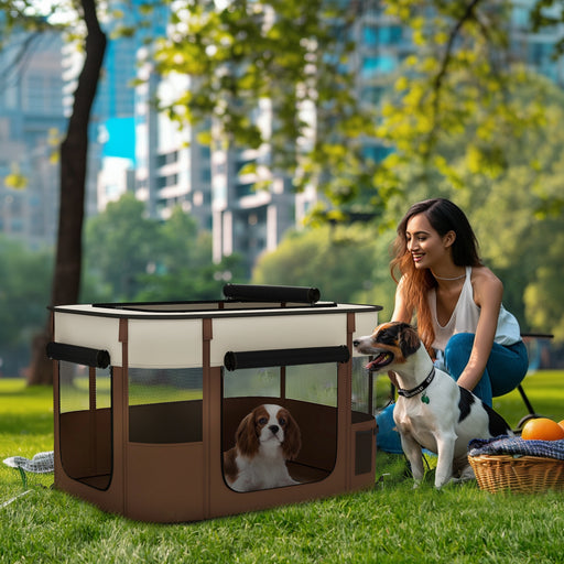 Portable Foldable Dog Playpen with Ground Stakes and Storage Bag for Travel, Brown