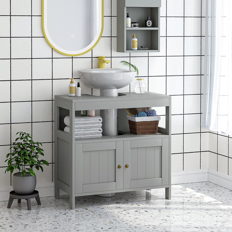 Under Sink Bathroom Cabinet with Double Doors and Shelves for Compact Storage Light Grey