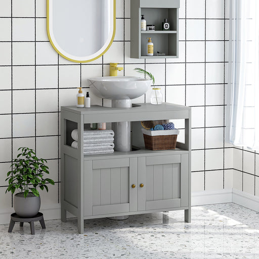 Under Sink Bathroom Cabinet with Double Doors and Shelves for Compact Storage Light Grey