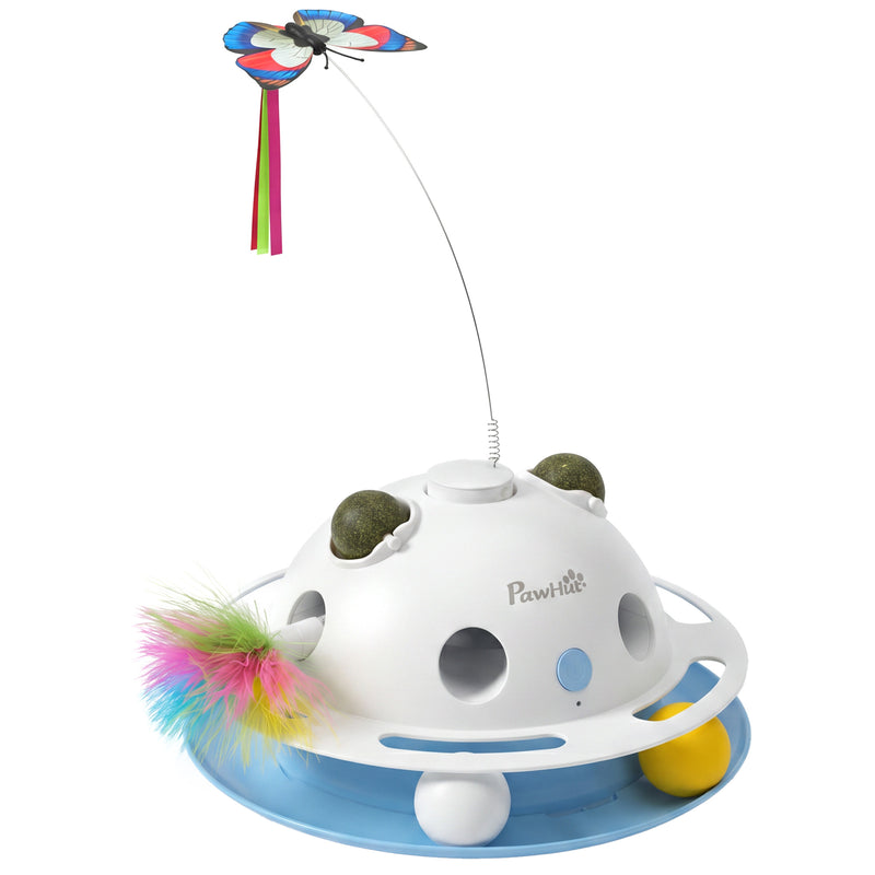 Automatic Interactive Cat Toy for Indoor Play and Exercise with Feathers and Butterfly Blue White Pawhut