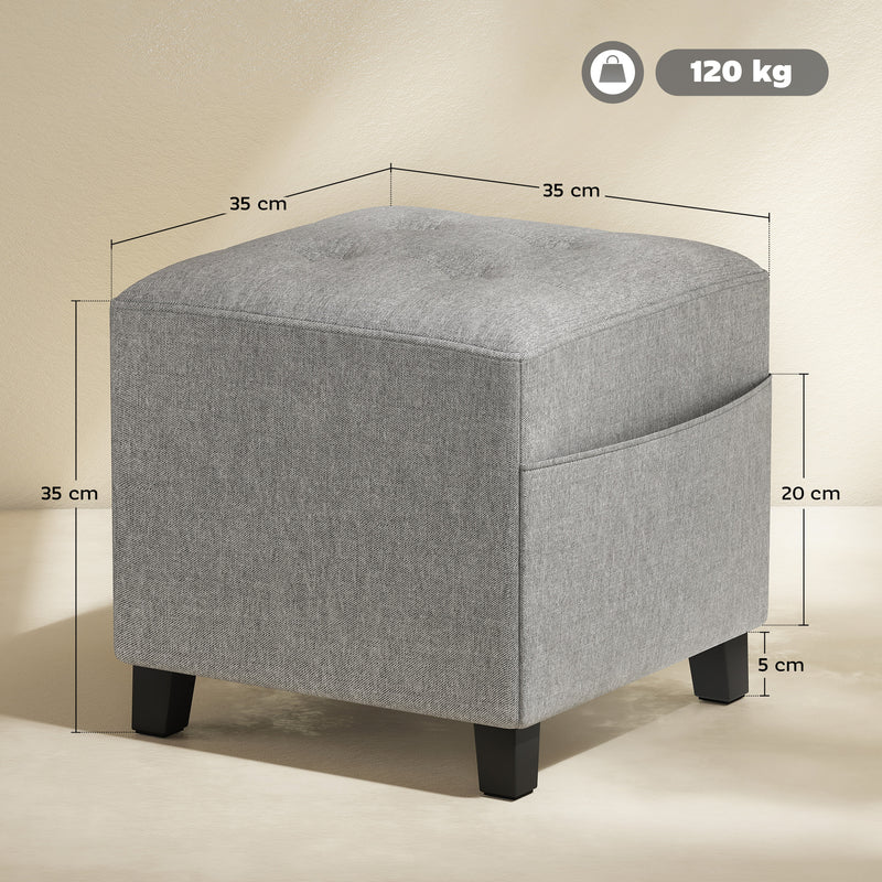 Small Light Grey Linen Ottoman Footstool With Side Pocket And Padded Seat For Living Room