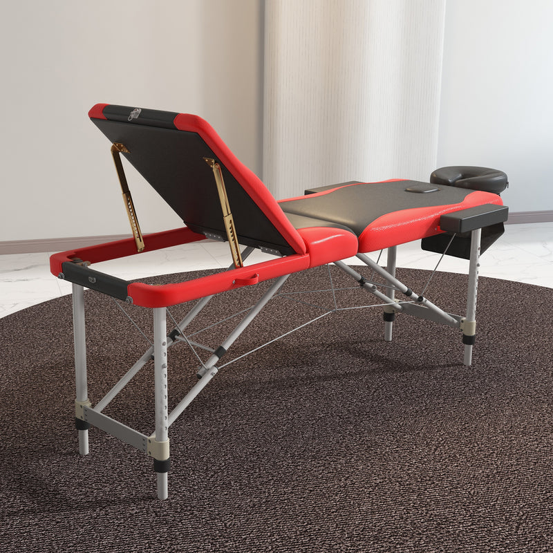 Portable 3 Section Aluminium Massage Table With Headrest and Carry Bag For Salons, Black and Red