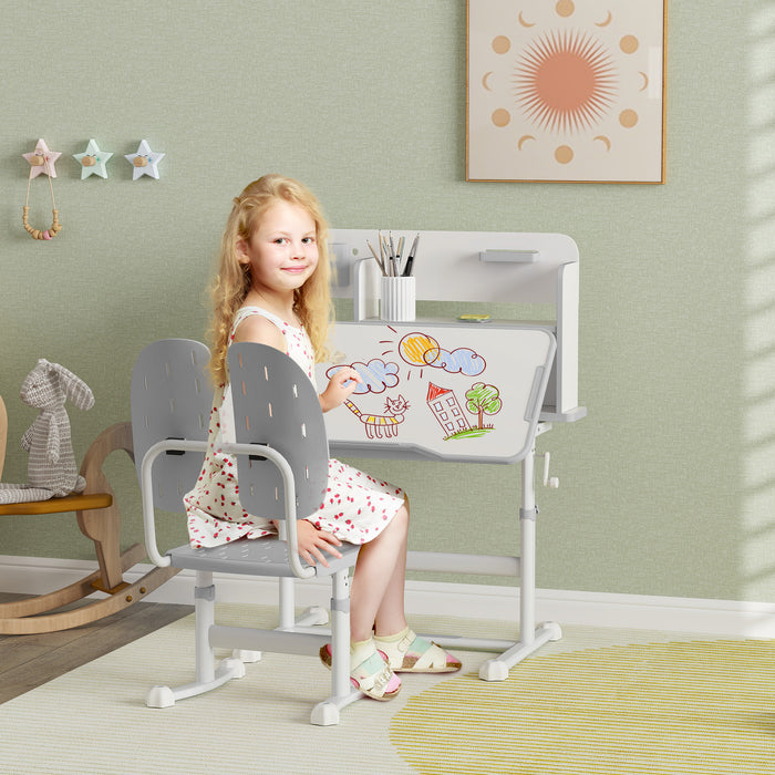 Height Adjustable Kids Desk and Chair Set with Tiltable Desktop and Reading Rack Grey by AIYAPLAY