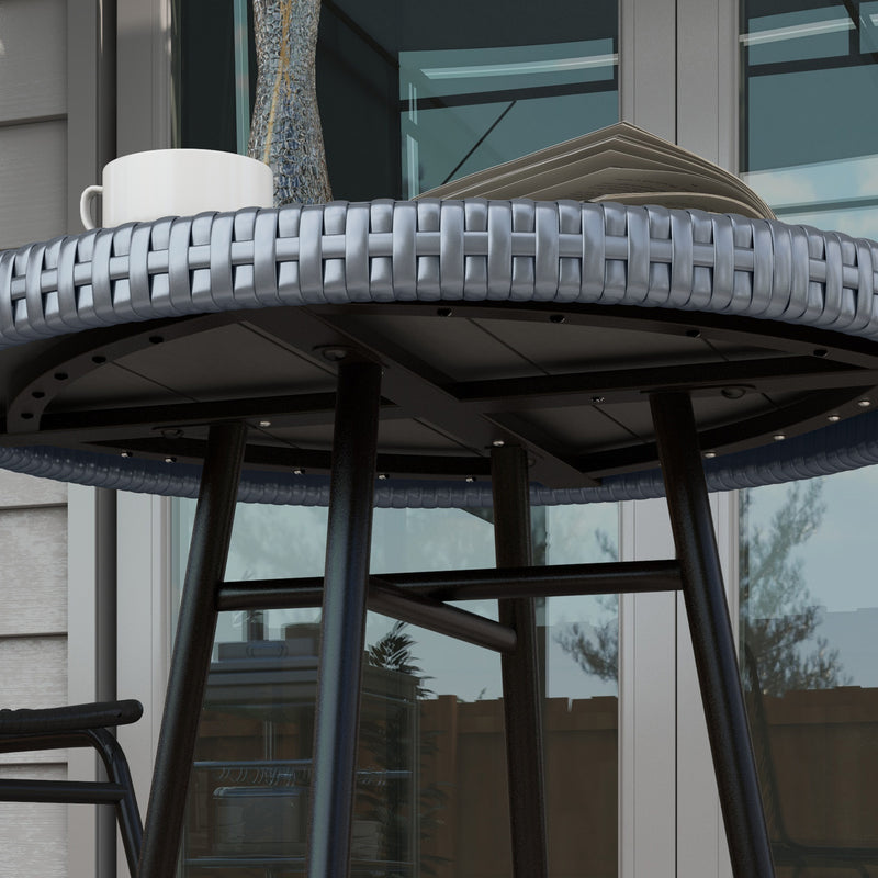 Grey Rattan Round Outdoor Side Table With Glass Top For Garden Or Patio