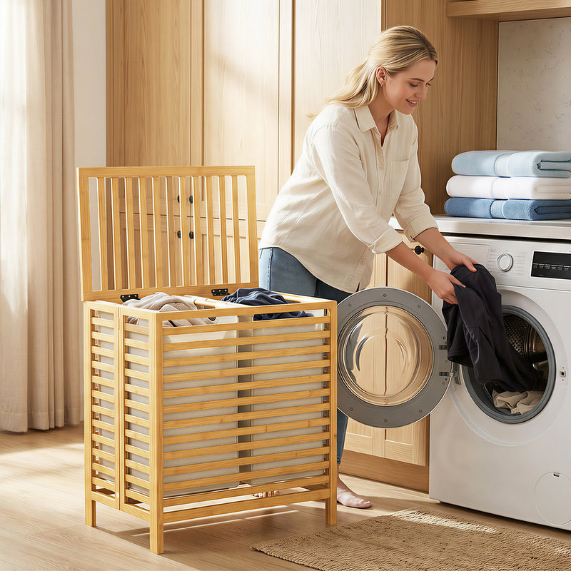 Double Laundry Basket With Removable Bags and Top Shelf for Easy Sorting Natural Bamboo Cream