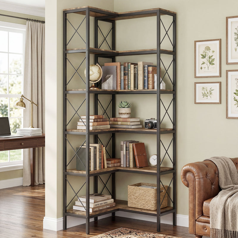 Corner Bookshelf with 5 Shelves for Space Saving Storage and Display Rustic Brown Homcom
