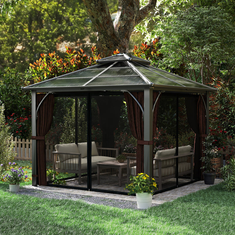 3m x 3m Hardtop Garden Gazebo with Polycarbonate Roof and Netting by Outsunny