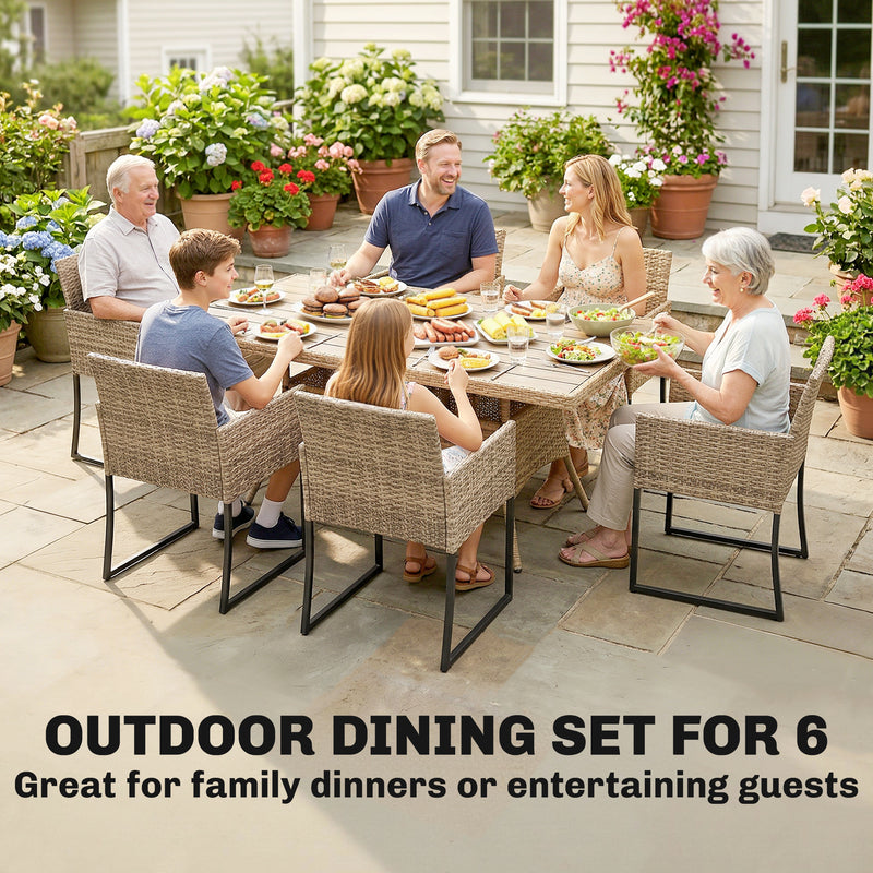 Rattan Garden Dining Set for 6 with Cushioned Chairs and Easy Clean Table Light Brown Outsunny