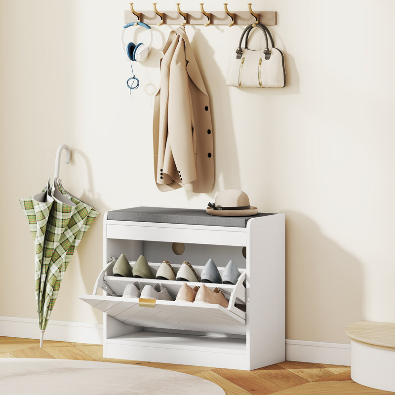 White Shoe Storage Bench For Entryway - Flip Drawer With Chevron Detail - Grey Cushioned Seat Homcom