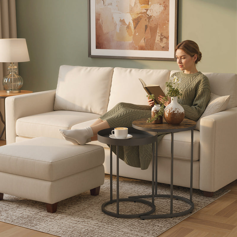 Set of 2 Round Nesting Side Tables with Space Saving Design for Living Room Rustic Brown