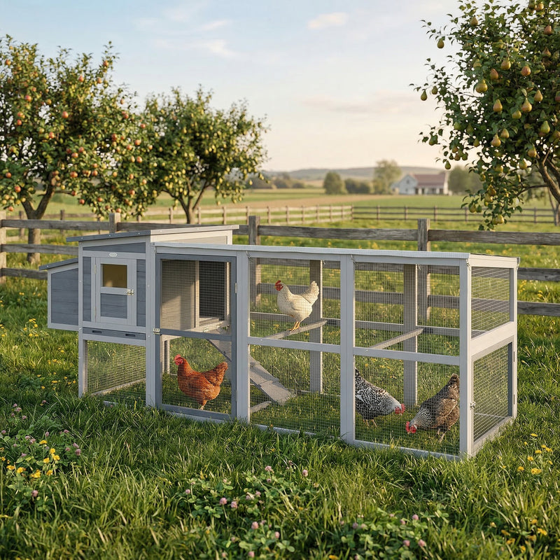 Chicken Coop for 3 to 4 Hens with Easy Clean Tray and Secure Outdoor Run Grey AOSOM