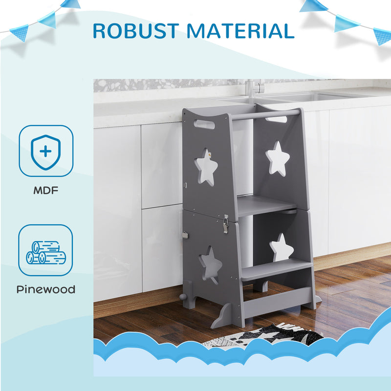 Adjustable Kids Step Stool With Safety Bar Converts to Table and Chair Grey
