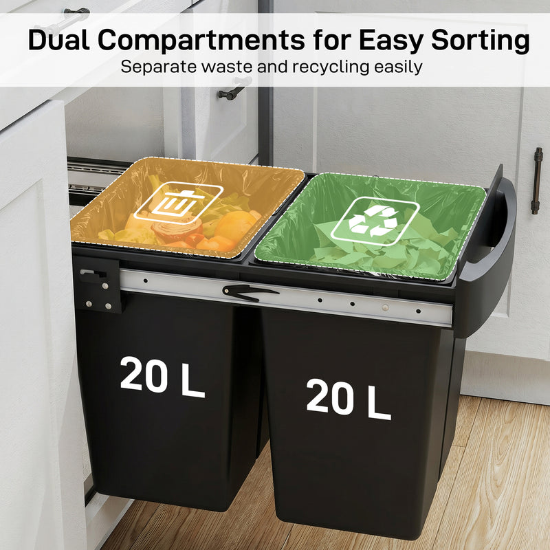 Kitchen Cupboard Pull Out Bin with Dual Compartments for Easy Waste and Recycling Black Homcom