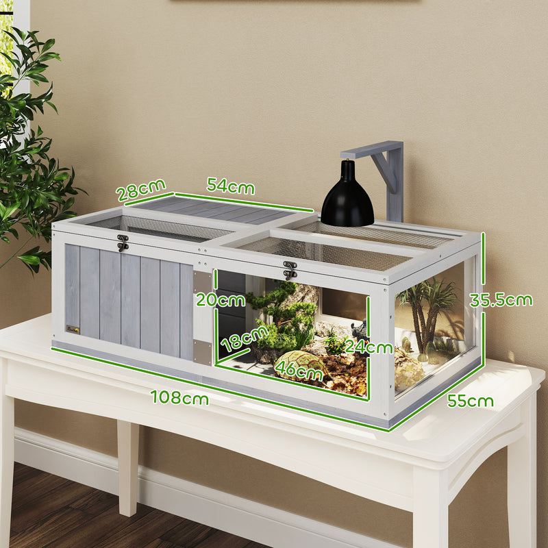 Wooden Tortoise House with Lamp Holder Clear Window Openable Tops and Tray Light Grey by PawHut