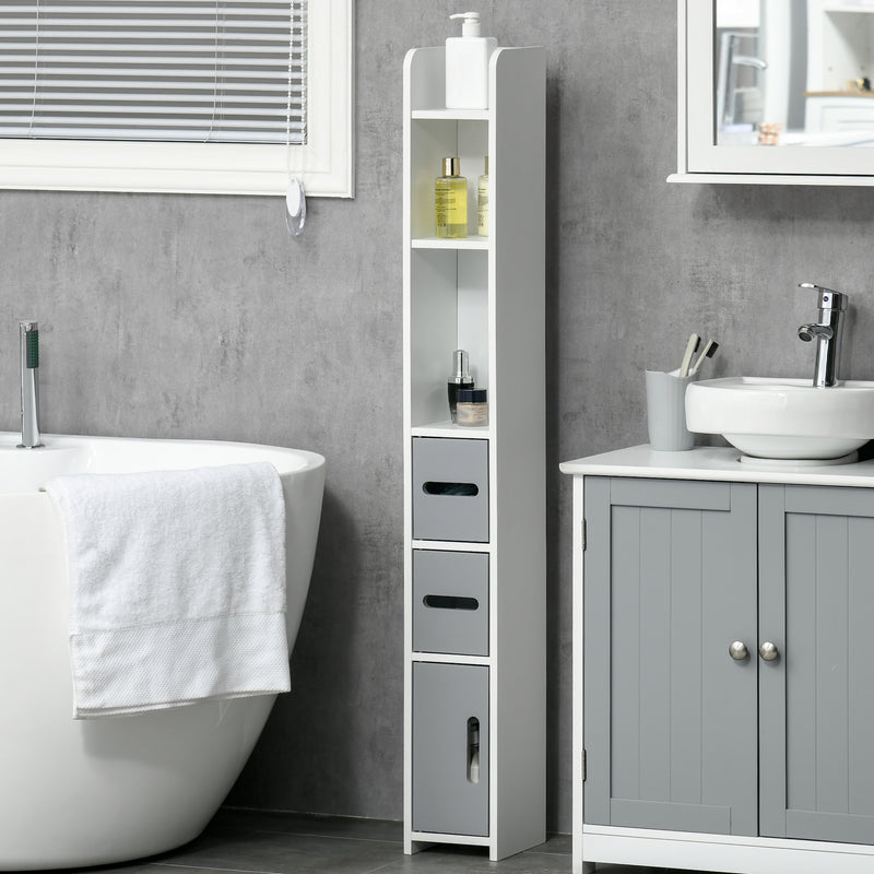 Tall Freestanding Bathroom Cabinet with Open Shelves and Storage Cupboards Grey